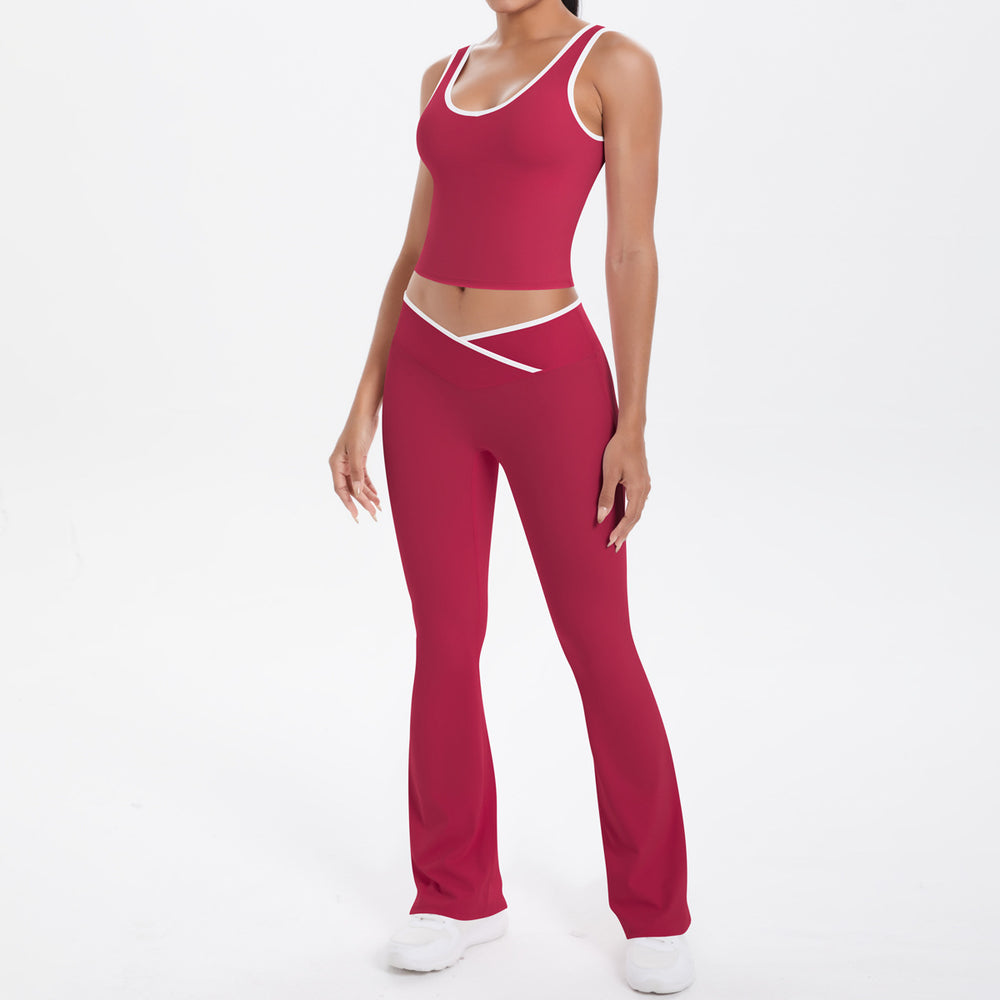 double-sided brushed contrast color tight breathable cross wide-leg yoga suit sports running fitness two-piece set