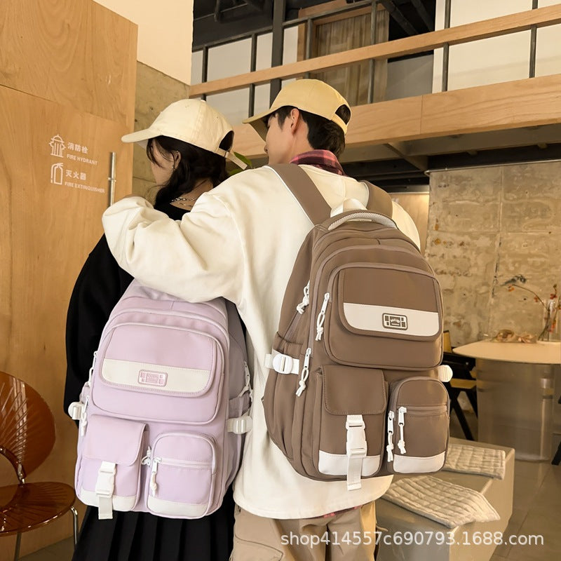 Backpack with multiple flap pocket pants design, junior high school student school bag, travel couple, large capacity, wear-resistant and dirt-resistant, campus style