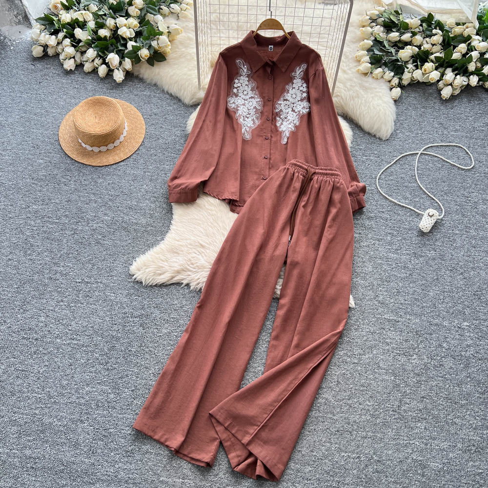 European and american style casual suit for women - autumn collection: heavily embroidered beaded mesh panel long sleeve loose-fit shirt with high-waisted wide-leg pants