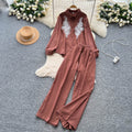 European and american style casual suit for women - autumn collection: heavily embroidered beaded mesh panel long sleeve loose-fit shirt with high-waisted wide-leg pants