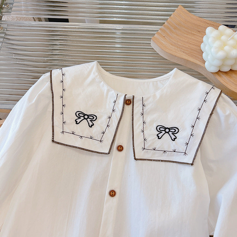 new arrival: pure cotton girls' blouse - peter pan collar, bow accent, long sleeve, stylish top for baby girls