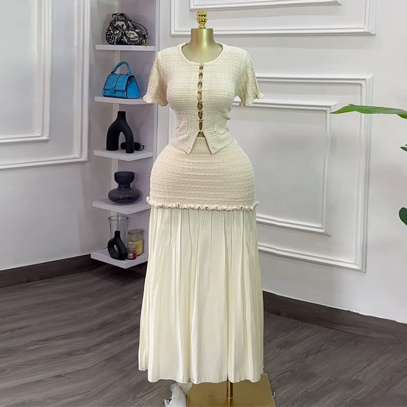 European and american style women's  autumn new arrival: chanel-inspired round neck cropped jacket with high-waisted bodycon midi skirt two-piece set