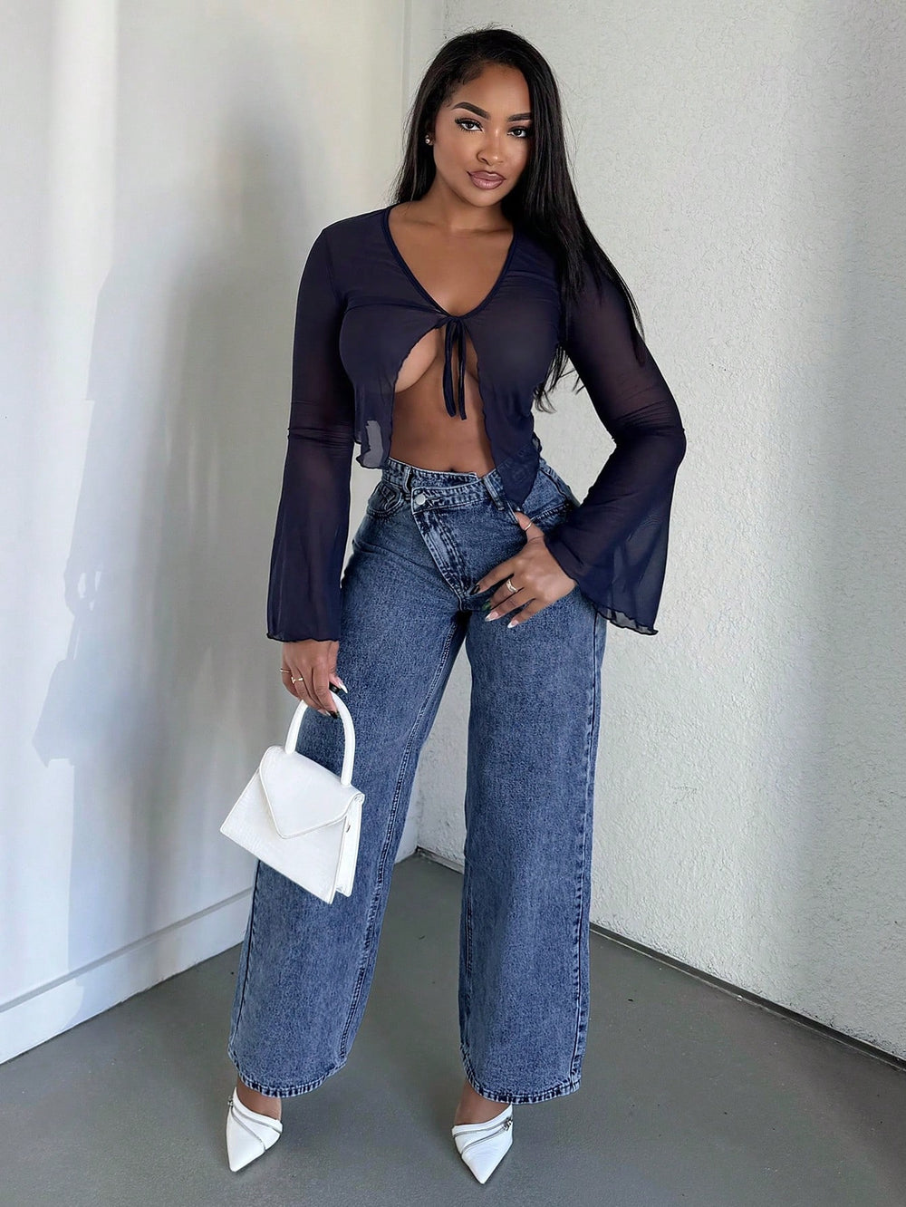 Fashionjeans women's light blue washed diagonal placket misaligned high waistloose pantsretrodrapedstraight-legmoppants