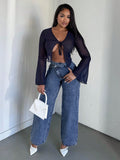 Fashionjeans women's light blue washed diagonal placket misaligned high waistloose pantsretrodrapedstraight-legmoppants