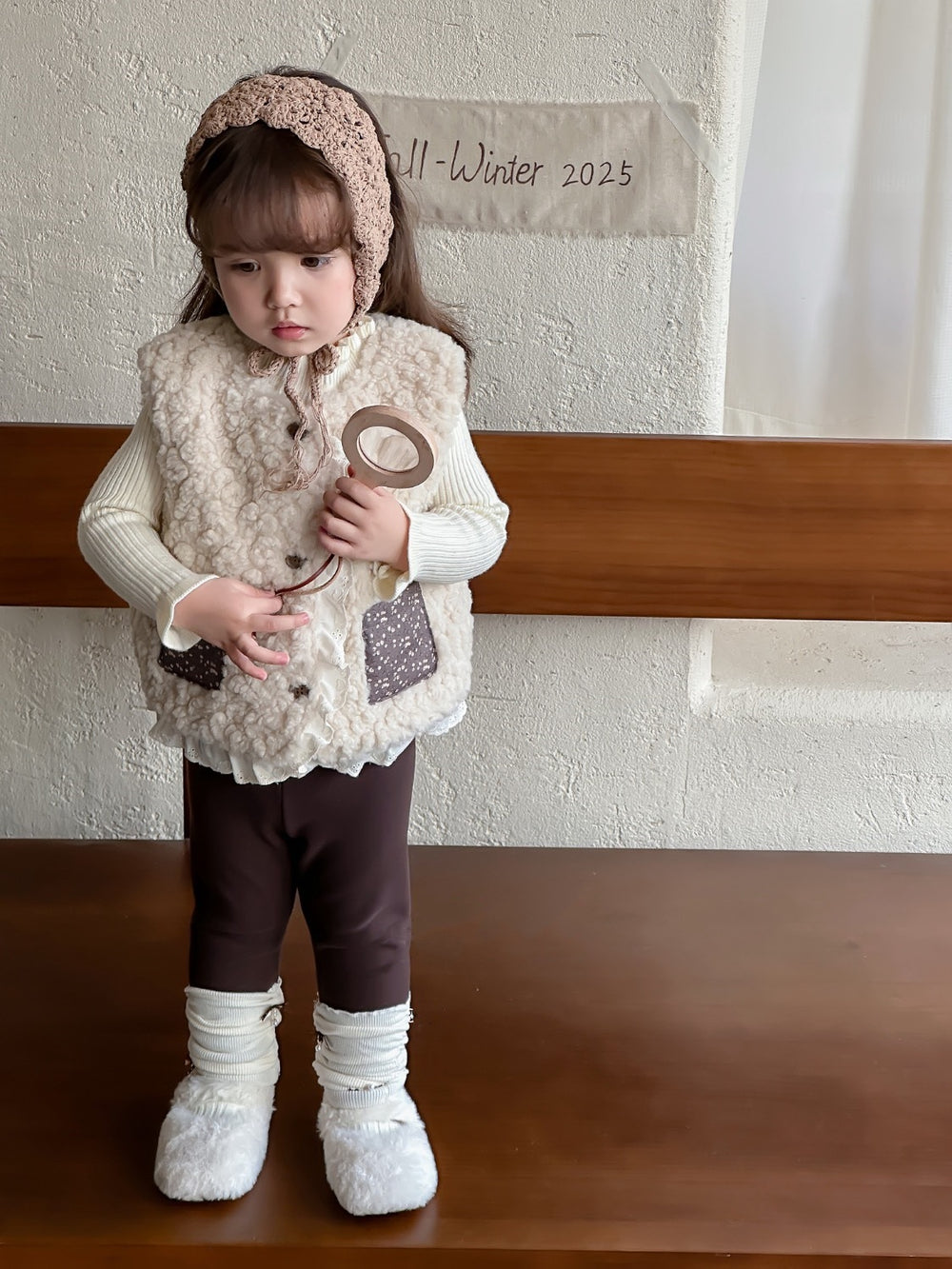 Girls' outfit  new fashionable warm fuzzy vest coffee-colored sweater slouch socks leggings three-piece set