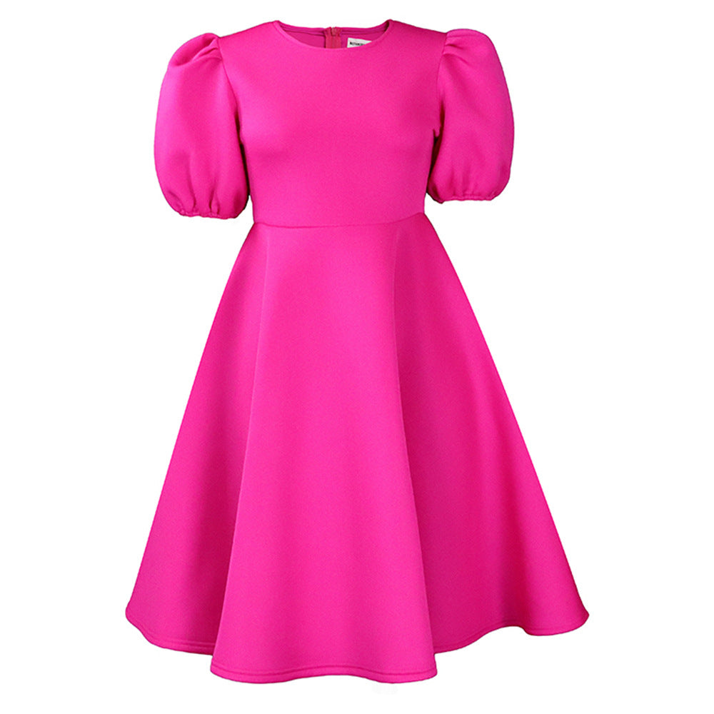 D3178 cross-border fashion  round neck elegant puff sleeve waist large swing dress a-line foreign trade dress
