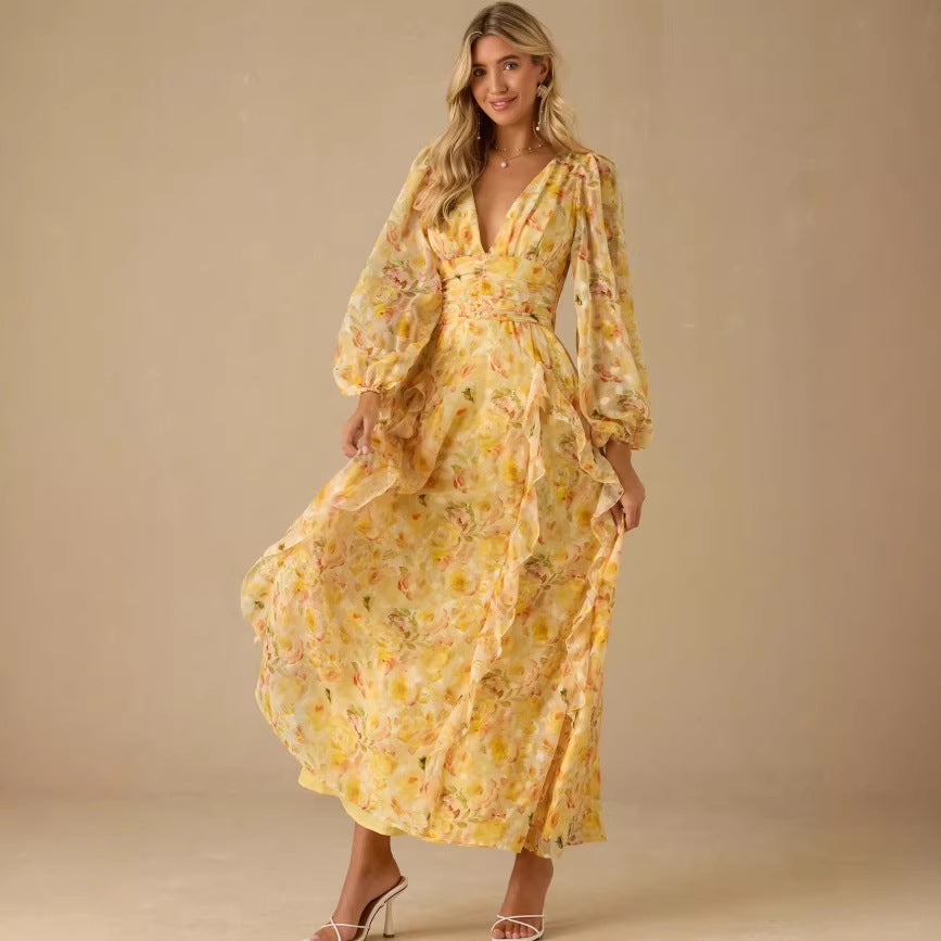 Yellow floral dress - autumn  australian fresh & sweet stand collar single-breasted tie-waist maxi dress