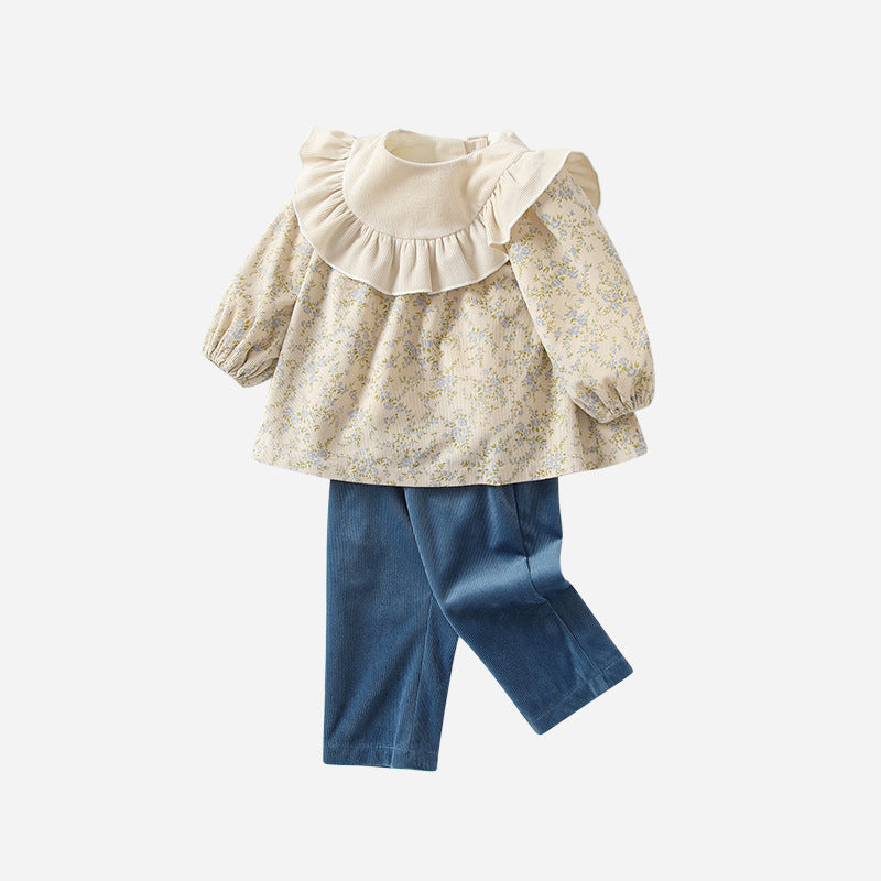 Girls' country style autumn outfit  new arrival: chic lotus lace floral top and shorts set - wholesale
