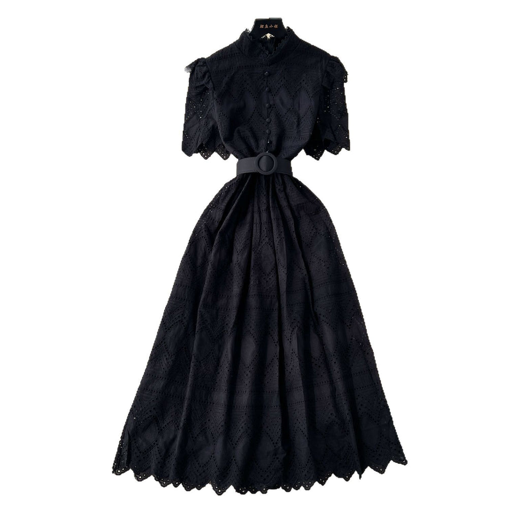 Elegant women's dress - summer : slim-fit, stand collar, short sleeve, openwork crochet embroidery, single-breasted long dress