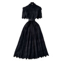 Elegant women's dress - summer : slim-fit, stand collar, short sleeve, openwork crochet embroidery, single-breasted long dress