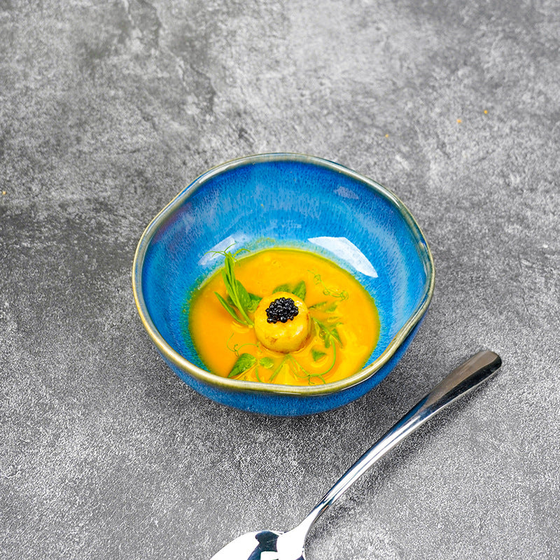 European style kiln turned blue ceramic salad bowl restaurant hotel special stylish vegetable soup bowl noodle bowl special-shaped ceramic bowl