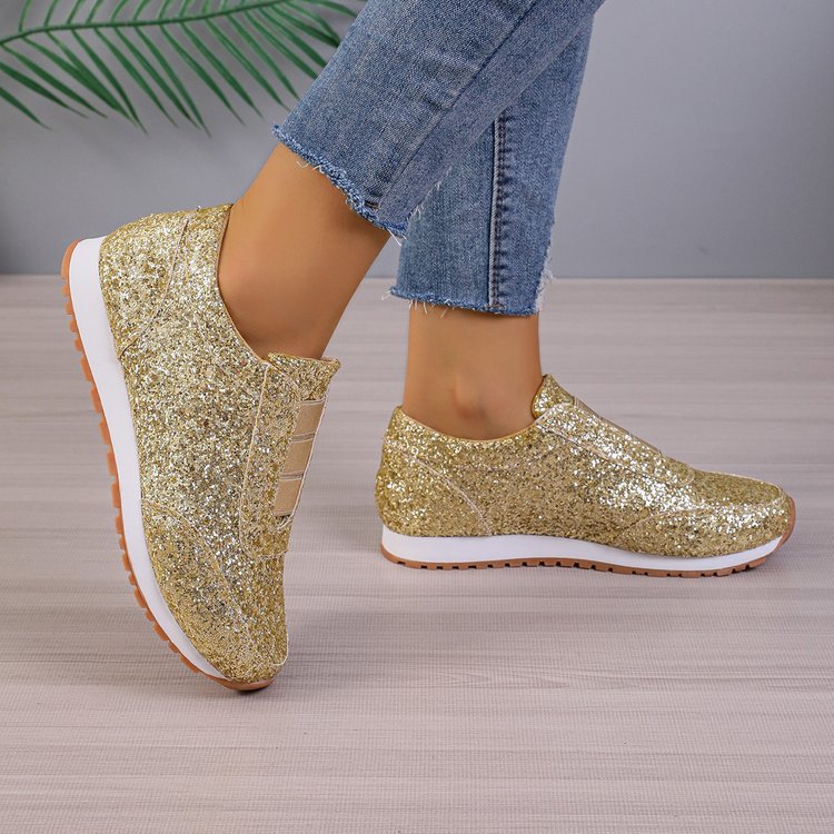 European and american plus size women's winter  new collection: sequin fabric shoes, athletic casual flats, round toe, cross-border e-commerce