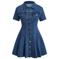 Fashion cross-border women's clothing   independent station new arrival denim short-sleeved cardigan waist dress for women