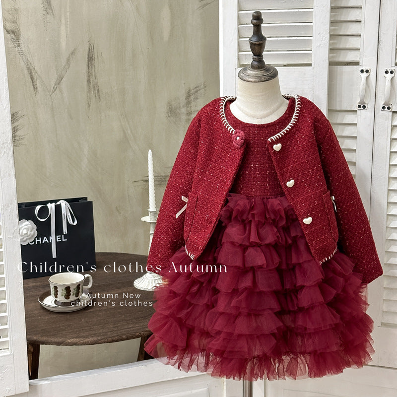 Girls' dress  winter new arrival: red chic princess dress set - perfect for first birthday celebrations