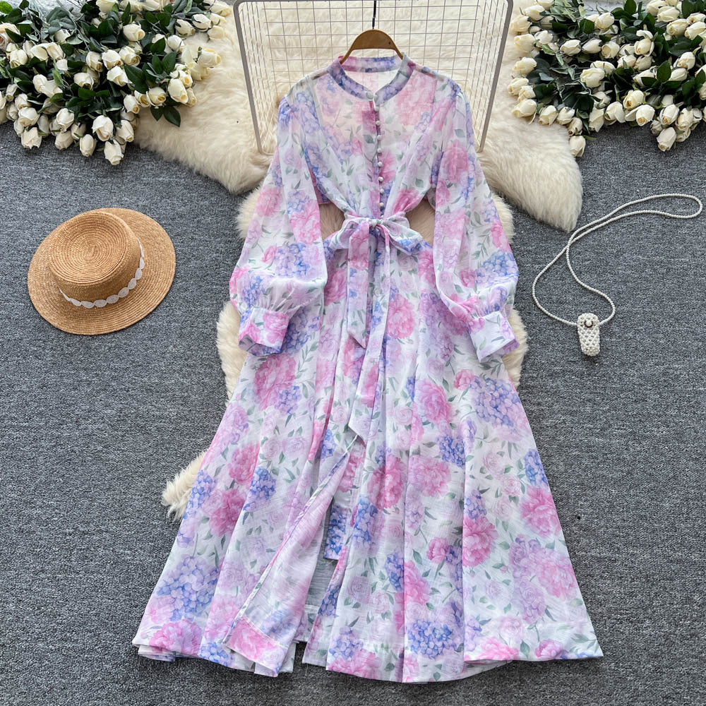 French chic elegant dress - women's autumn  collection: court style, tie-waist, slimming, single-breasted, printed maxi dress