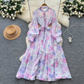 French chic elegant dress - women's autumn  collection: court style, tie-waist, slimming, single-breasted, printed maxi dress