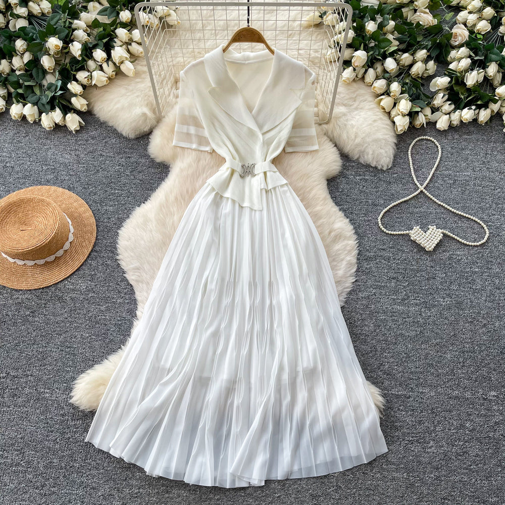 French chic blazer-style short sleeve dress - women's slim-fit pleated maxi dress for work and everyday elegance