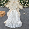 French chic blazer-style short sleeve dress - women's slim-fit pleated maxi dress for work and everyday elegance