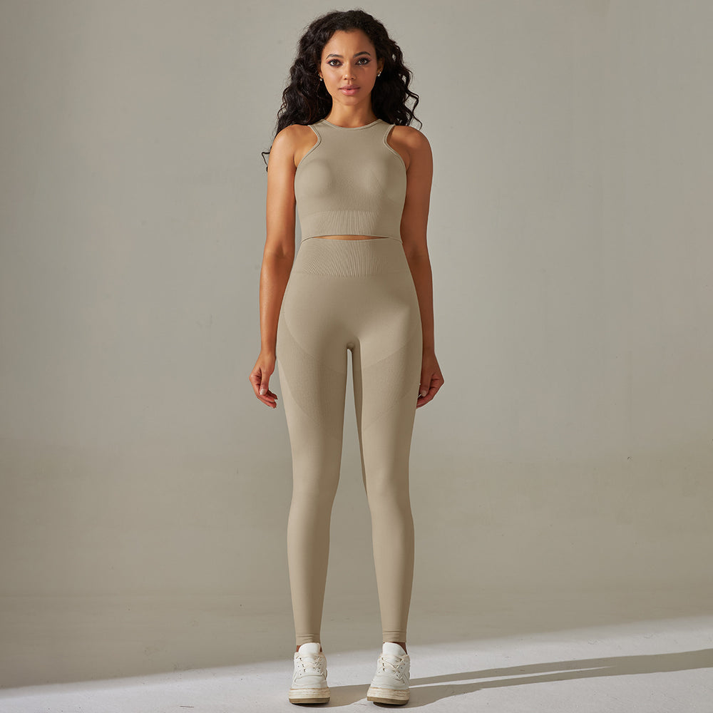 fashion seamless peach solid color tight high elastic vest yoga suit sports fitness yoga suit two-piece set