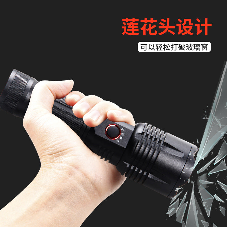 Cross-border new P70 strong light USB charging output, with power display LED telescopic zoom white laser flashlight