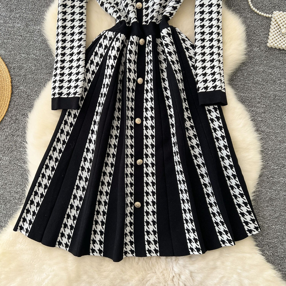 Accessible luxuryfall and winter tweed styledressfashion metal buckle waist contrast colorpleated chidori gridsknitting bottom skirt