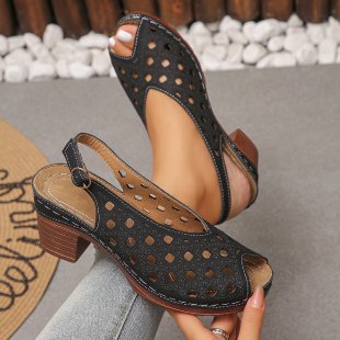 spring/summer new plus size cross-border roman retro style hollow-out fashion outerwear solid color buckle peep-toe sandals