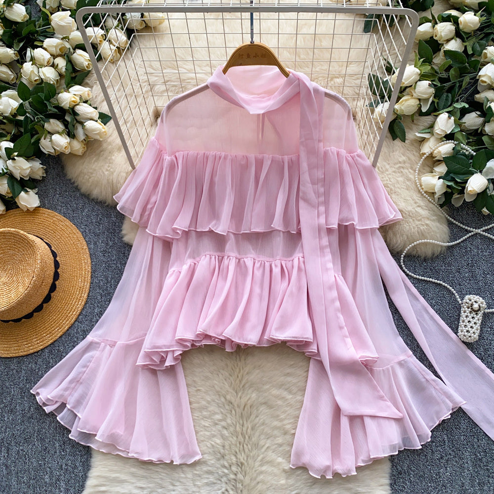 French chic ruffle chiffon blouse - women's summer long sleeve pink commute top - elegant sun protection shirt