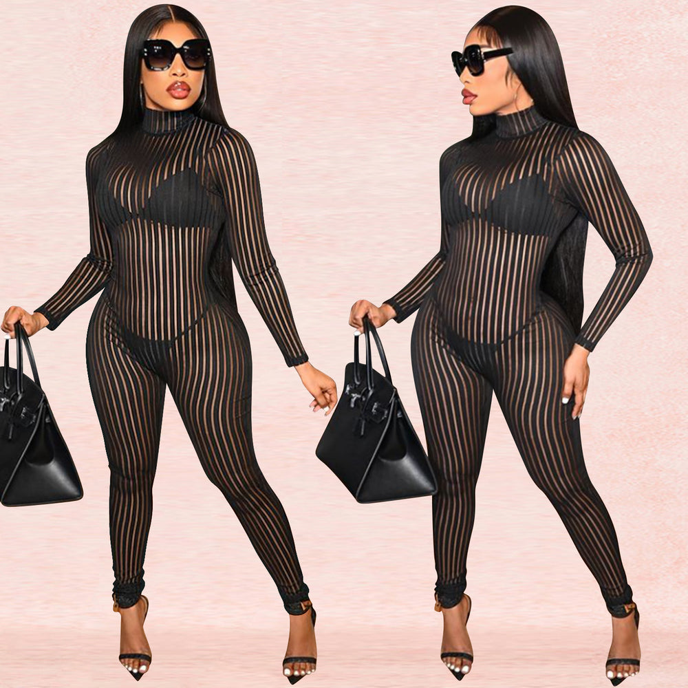 C5345 cross-border new arrival: sexy see-through striped bodysuit with long sleeves and pants - perfect for  and