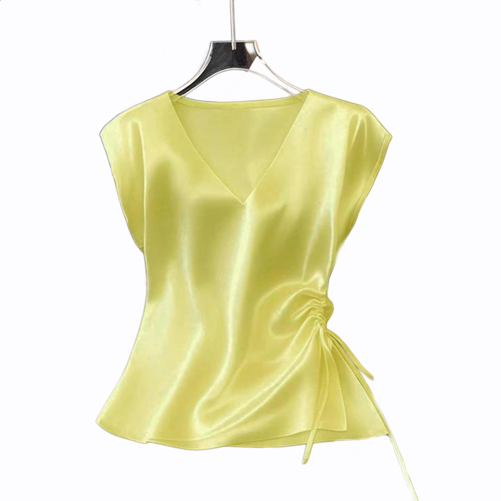 Amazon cross-border fashion independent station women's spring winter new arrival satin shirt v neck drawstring satin tops