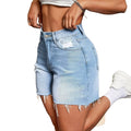 European and american retro washed denim shorts for women - high waist, distressed, raw hem, stretchy, summer versatile, slimming straight leg