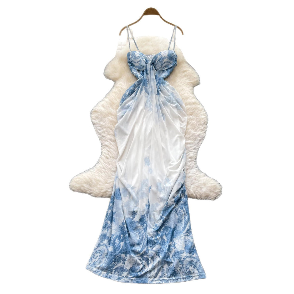 Blue and white porcelain style suspender printingdress women's summer asymmetricalsense of design pinch waistelegant long skirtwork clothing outfit