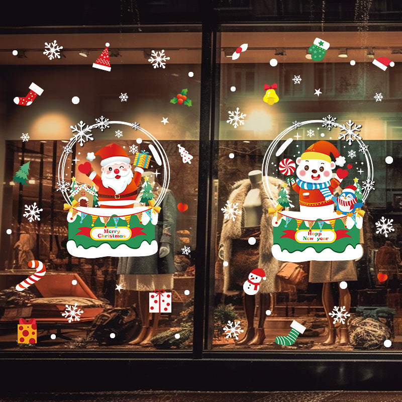 Christmas decorative glass door sticker shop window scene arrangement Santa Claus glass ball snowflake glue-free static sticker
