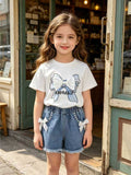 new cross-border girls' round neck printed knit top and denim beaded embroidered jeans two-piece set