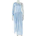 Fashion styleexportprinting women's slit stripes waist asymmetrical skirt one-shoulder slanted collar long sleevescasualdress
