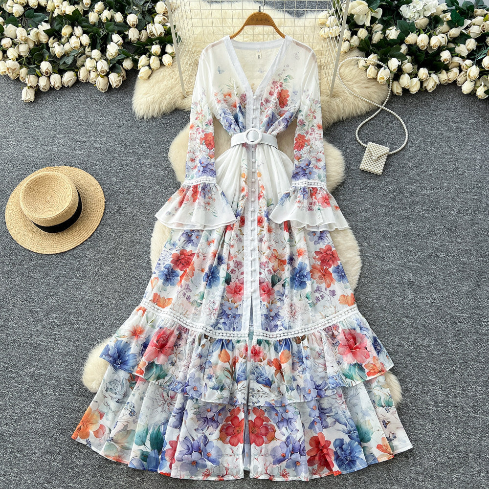 French chic floral v-neck printed dress - women's spring long sleeve a-line midi dress - office-ready elegant maxi dress
