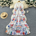 French chic floral v-neck printed dress - women's spring long sleeve a-line midi dress - office-ready elegant maxi dress