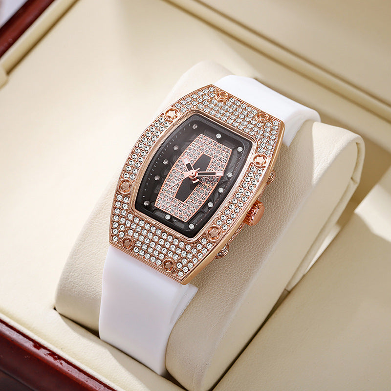 Honghong wine barrel-shaped diamond-encrusted quartz tape women's watch fashiontrendyelegant women's watch silicone watch wholesale