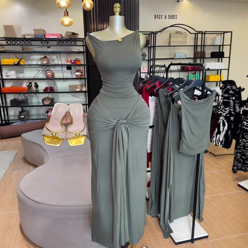 European and american cross-border women's fashion  summer new arrival: elegant asymmetrical neck slim-fit top and bodycon tie-waist midi skirt set