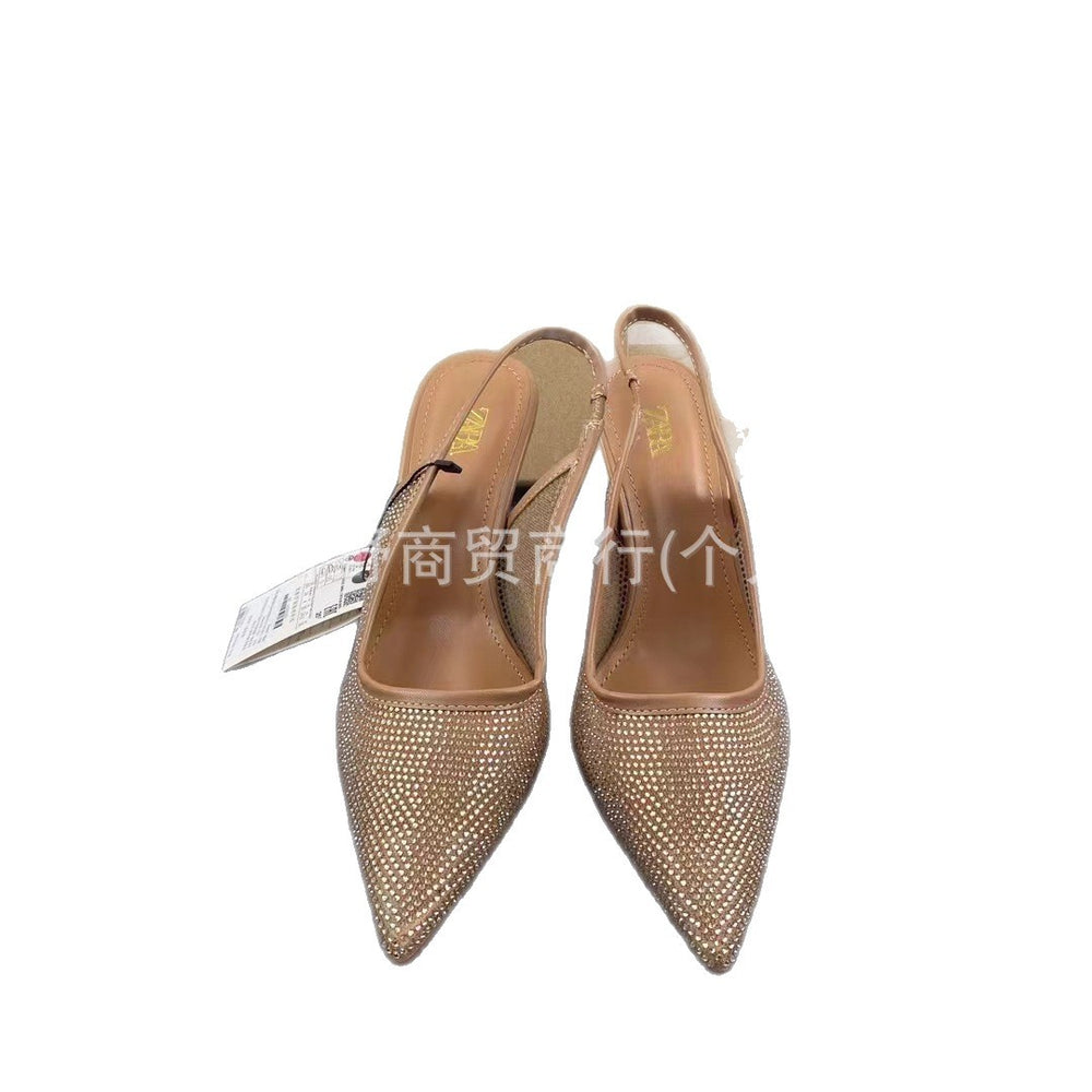 Za new 2024 summer pointed-toe slingback stiletto heel sandals - women's shiny rhinestone open-back fashion single strap sandals