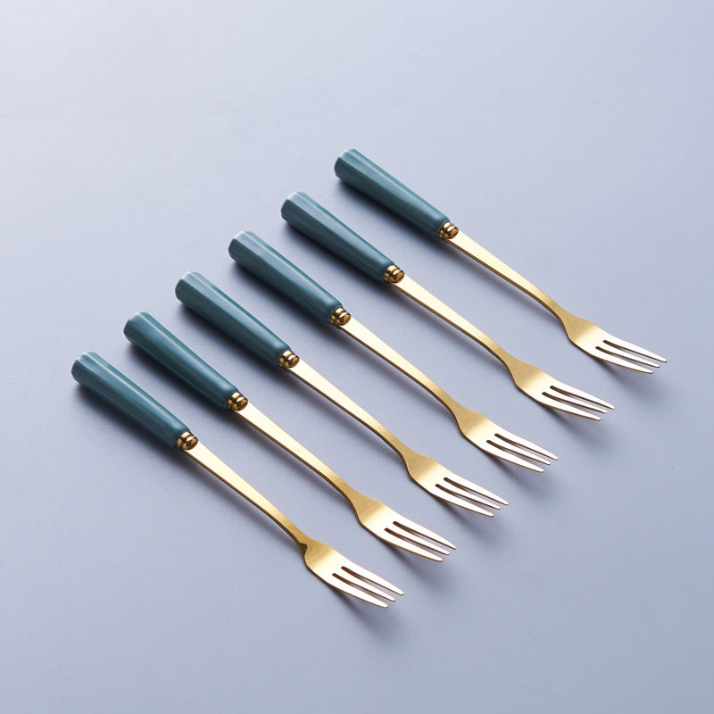 Gold-trimmed striped ceramic fruit fork storage jar - stylish stainless steel fruit forks, a great home essential, spoon and fork set