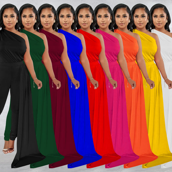 X6068 special offer, no return or exchange, careful shot, women's clothing solid color slanted shoulder cape single shoulder long-sleeved trousers jumpsuit