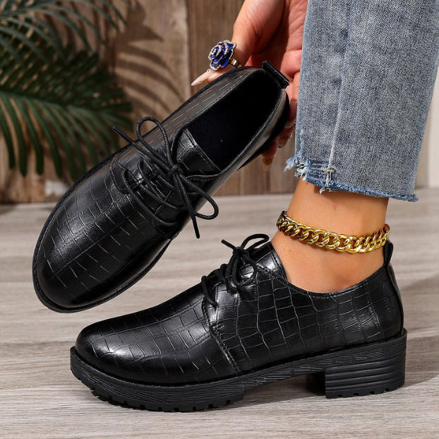 Foreign trade large size versatile single shoes thick heel thick sole lace-up small leather shoes women's British style loafers