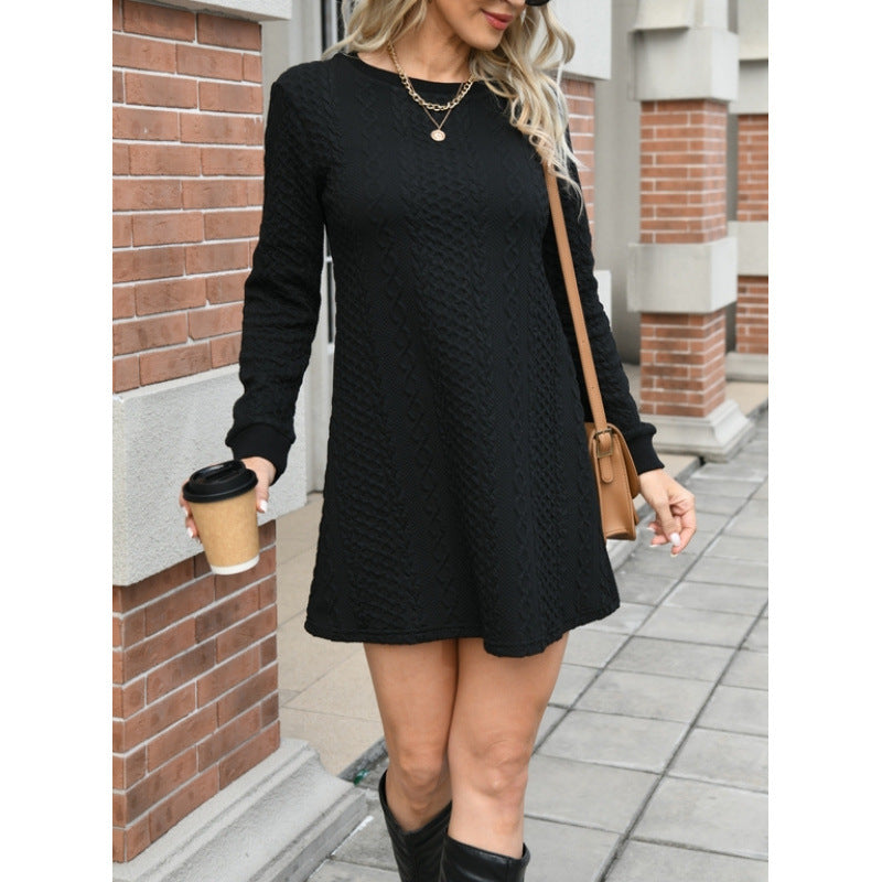 cross-border black cable knit long sleeve knit dress for women