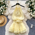 Pure desire halter beaded suspender dress goddess elegant waist ruffles chiffon skirt fairy vacation skirt