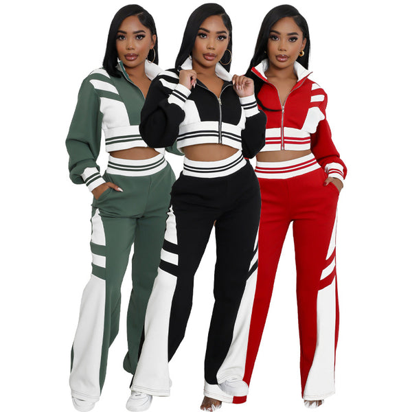 HR24070 European and American women's clothing, double-threaded, color block splicing contrasting color wide-leg micro-flared pants two-piece set