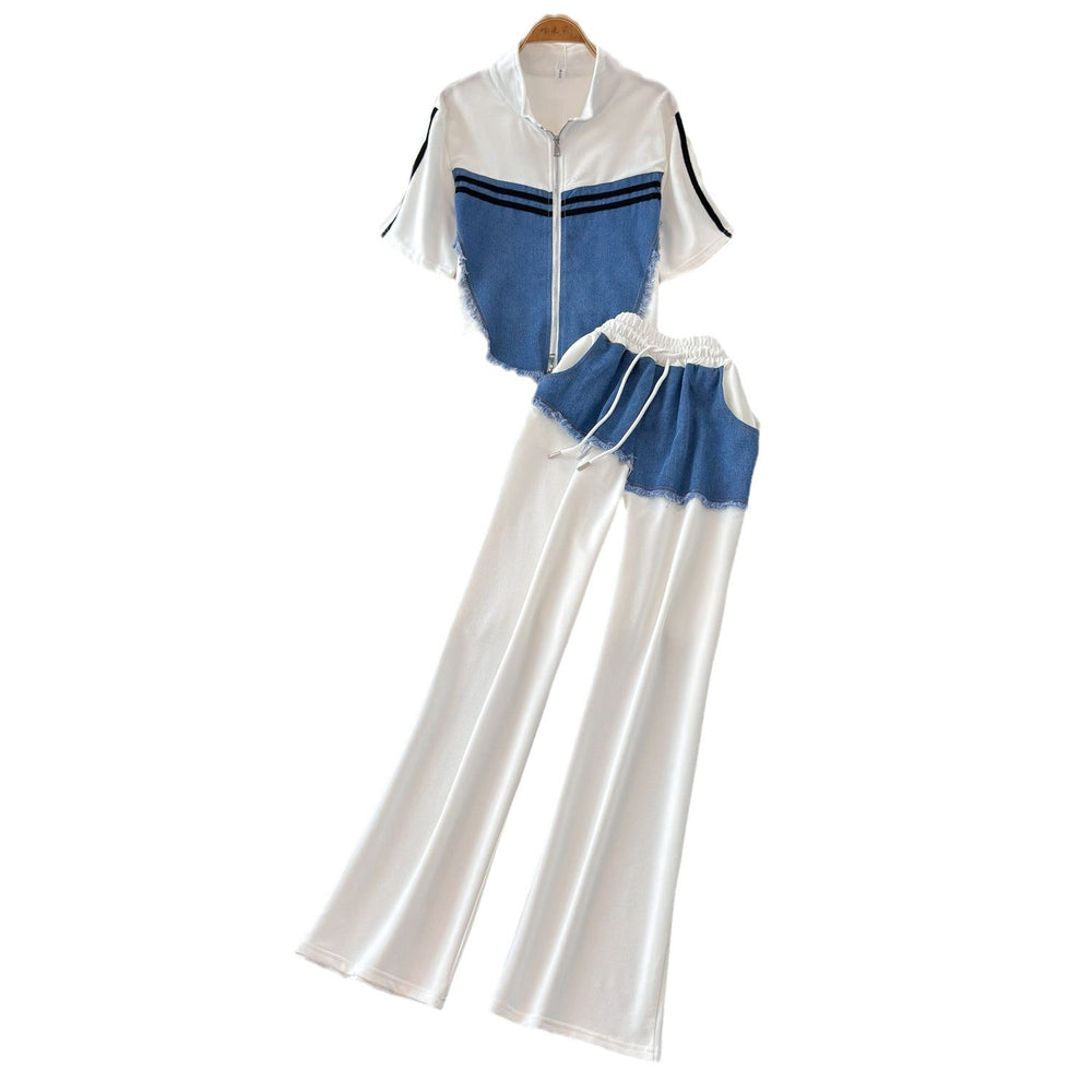 Chic hong kong style women's two-piece set: designer short-sleeve t-shirt with denim patchwork top + high-waisted casual straight-leg pants