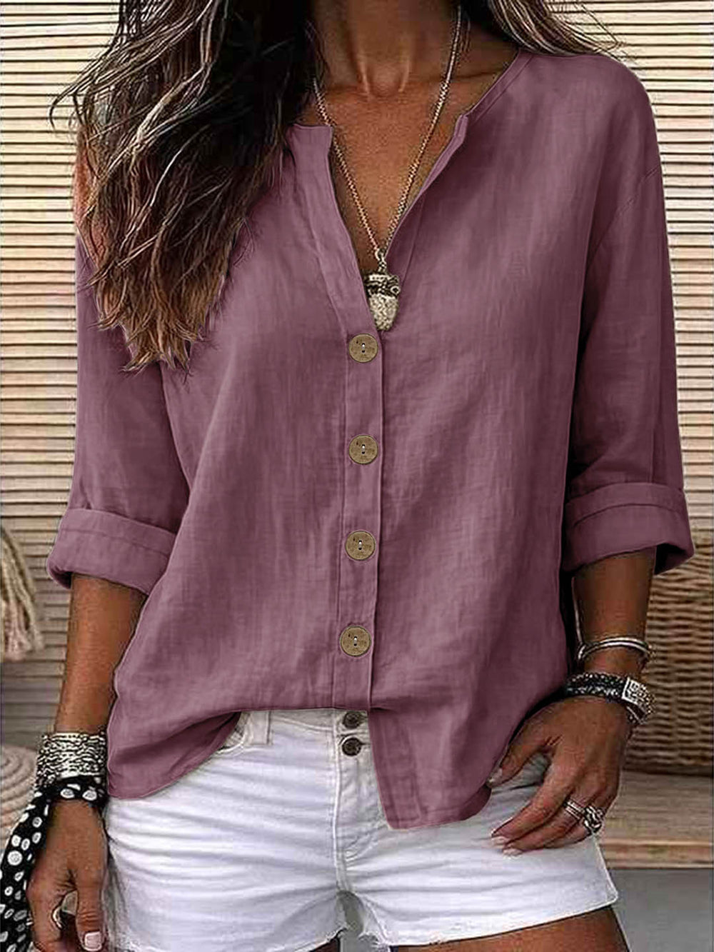 Exclusively for us & european cross-border e-commerce:  autumn beige cotton linen shirt - relaxed fit, v-neck, roll-up sleeves, mid-length top