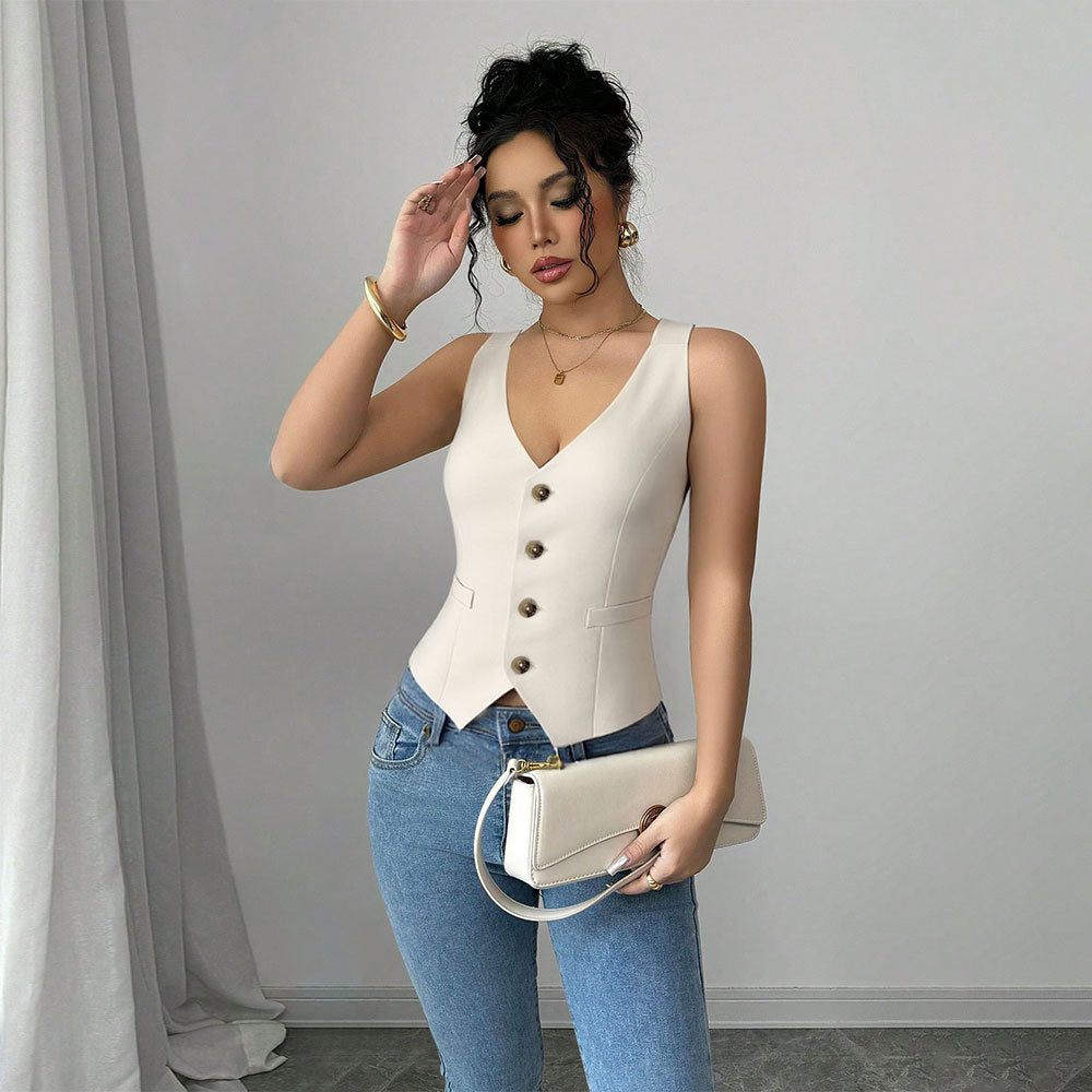 Shein Independent Station Cross-border Women's Single-breasted Suit Vest Vest Retro Spice Girl Short V-Neck Top