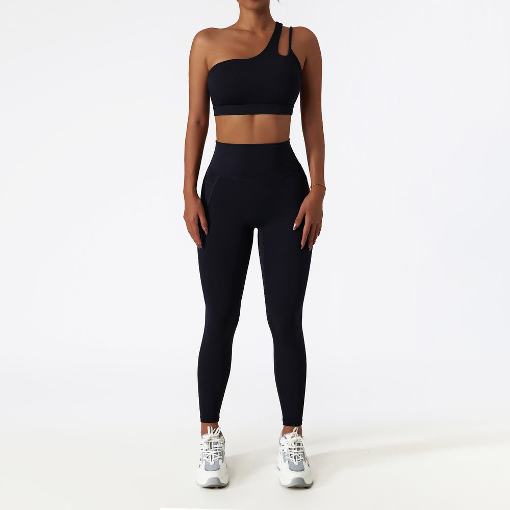 breathable quick-drying tight-fitting yoga clothes flap pocket pants running sports suit diagonal shoulder naked fitness suit6425