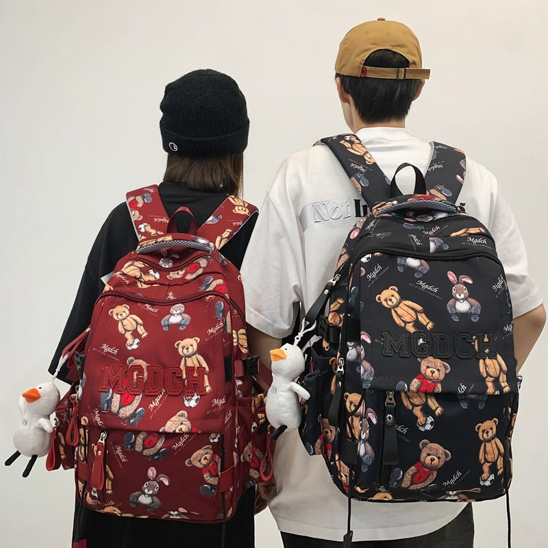 New schoolbag for female junior high school students, simple printed bear, large-capacity backpack, trendy college student couple computer bag